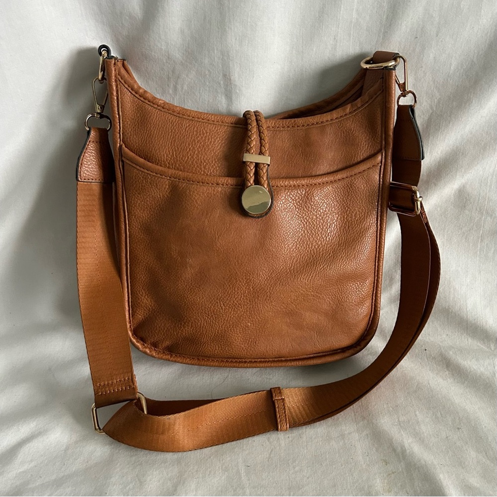 Women’s Brown Faux Leather Hobo-Style Purse Crossbody Bag Guitar Strap
